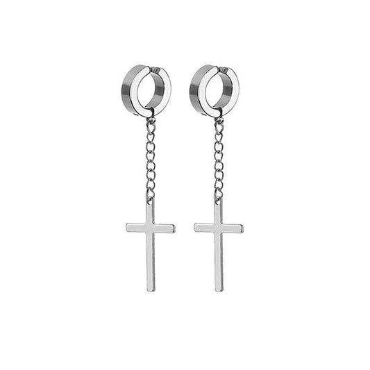 Aretes a presión de Cruces con Cadena - Sin Perforación (Par)